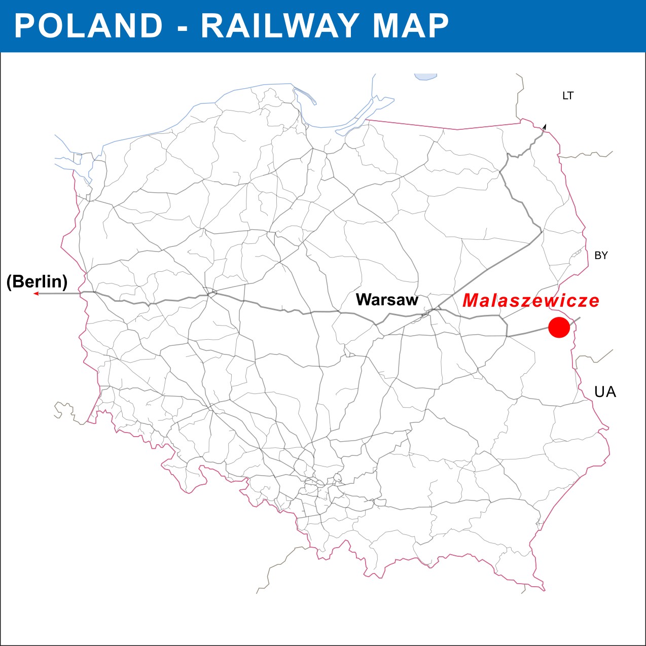 Map of Poland's rail network showing the transit axis to Małaszewicze