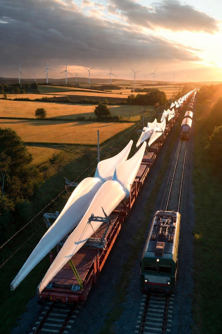 Freight train carrying wind turbine blades – out-of-gauge load
